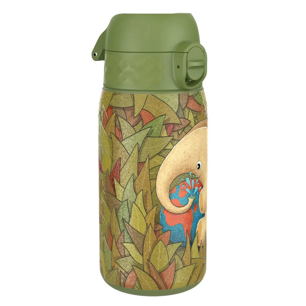 ION8 stainless steel leak-proof water bottle with elephant design, 400ml (13oz) capacity, durable and portable for everyday use.