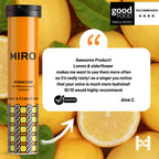 HIRO Hydration Lemon & Elderflower triple pack bottles with lemon and elderflower flavor labels, clear bottles showcasing the drinks