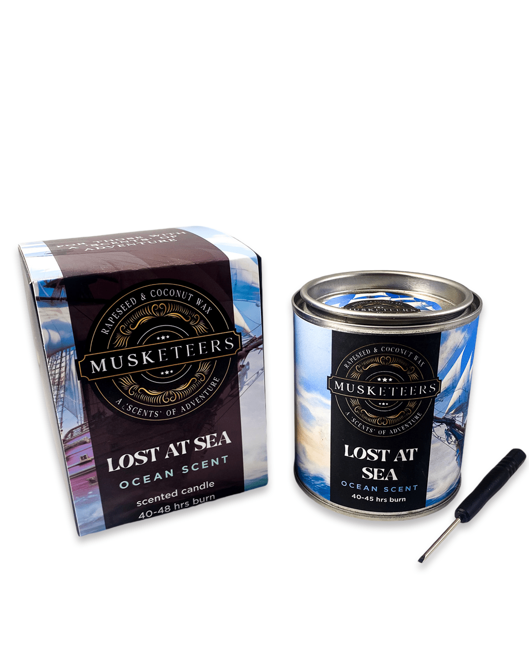 Musketeers Lost at Sea candle with ocean and sea salt scent, featuring a fresh, masculine coastal design in a glass holder.