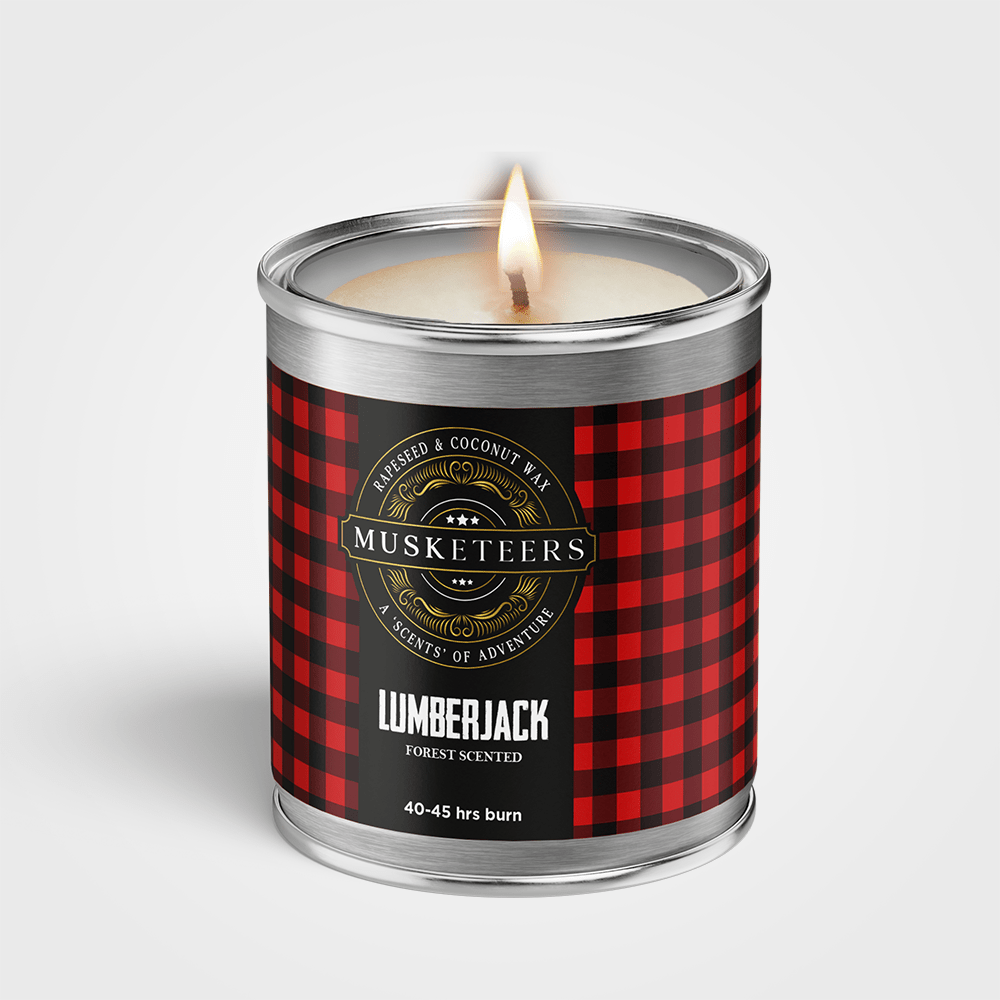 Lumberjack Pine Candle by Musketeers, masculine forest-scented candle for man cave decor, featuring a rustic wood design.