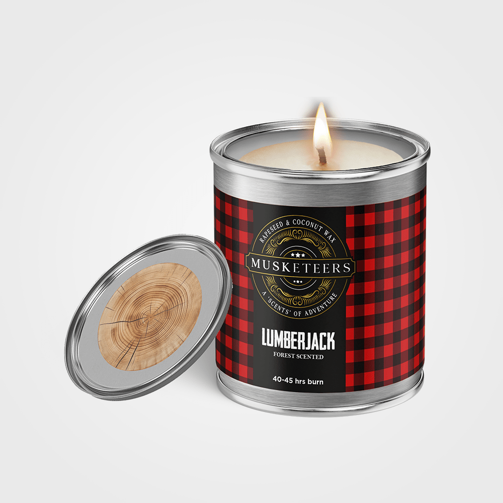 Pine candle by Musketeers with a forest masculine design, perfect for a man cave, featuring a lumberjack-themed label and rustic style.