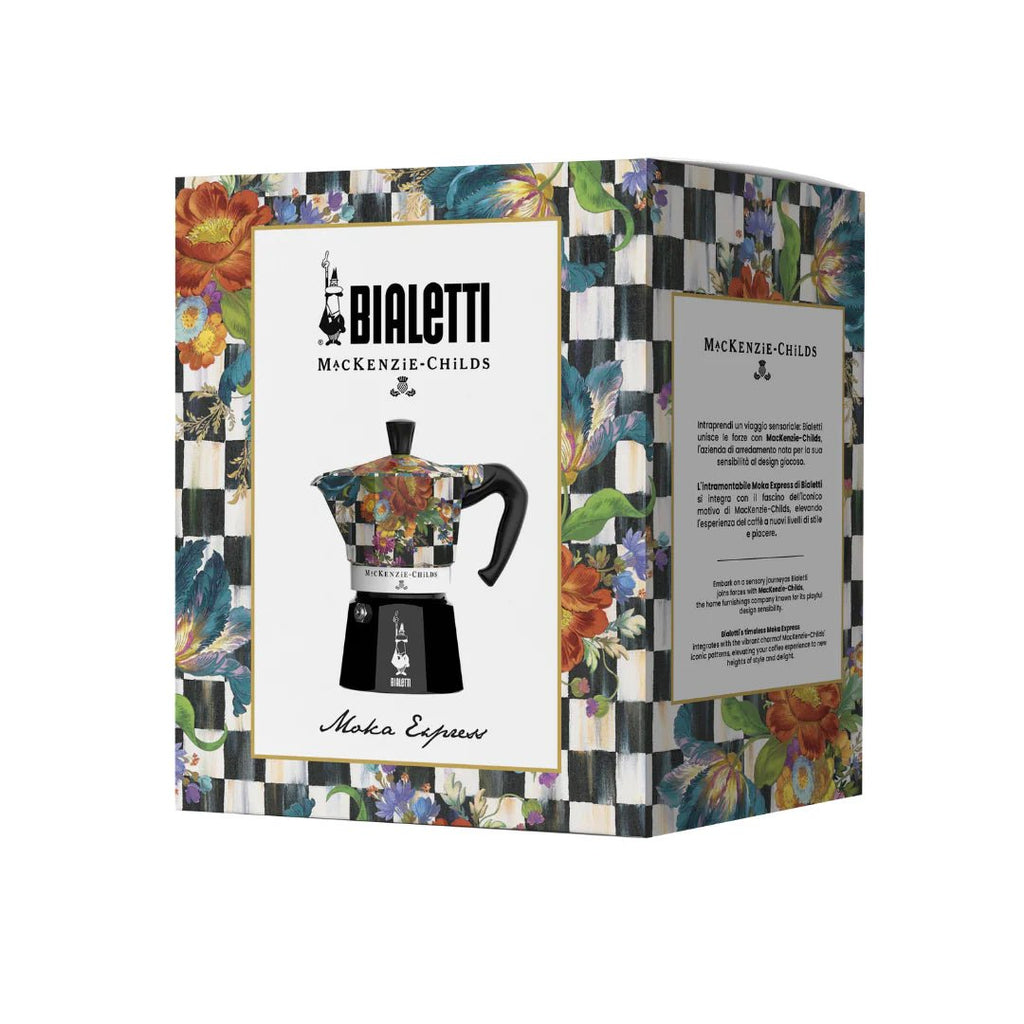 Bialetti Brew Italia MacKenzie Moka Express coffee maker packaging with vibrant design and branding, 3-pack in a sleek box.