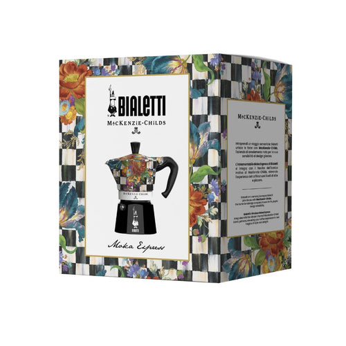 Bialetti Brew Italia MacKenzie Moka Express coffee maker packaging with vibrant design and branding, 3-pack in a sleek box.