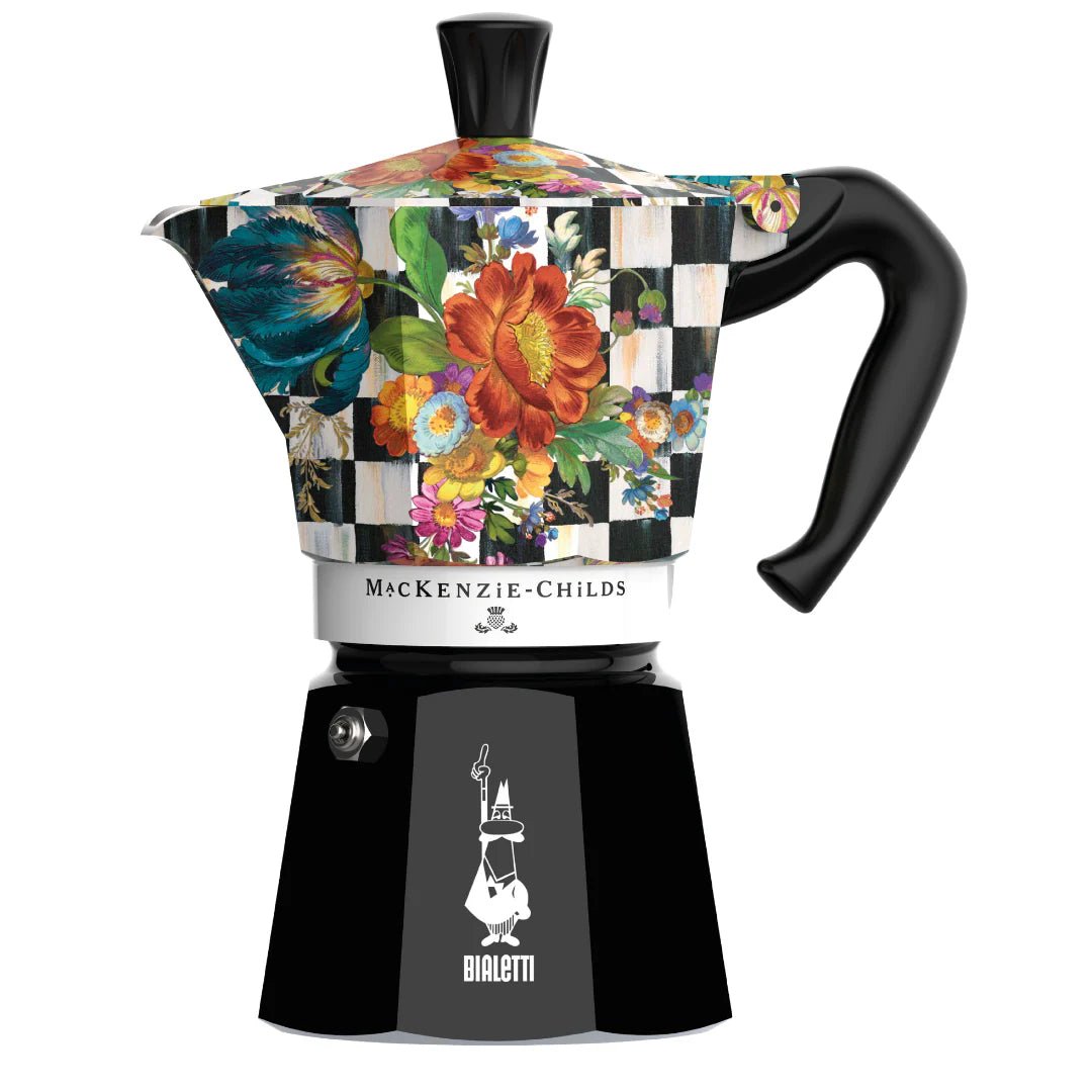 Bialetti Moka Express coffee maker with Mackenzie Childs design, Brew Italia brand, shown on a white background.