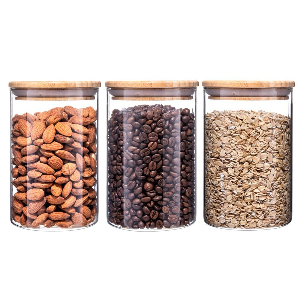 Set of three Igluu Meal Prep glass food storage jars with bamboo lids, each 900 ml capacity, for fresh food storage.