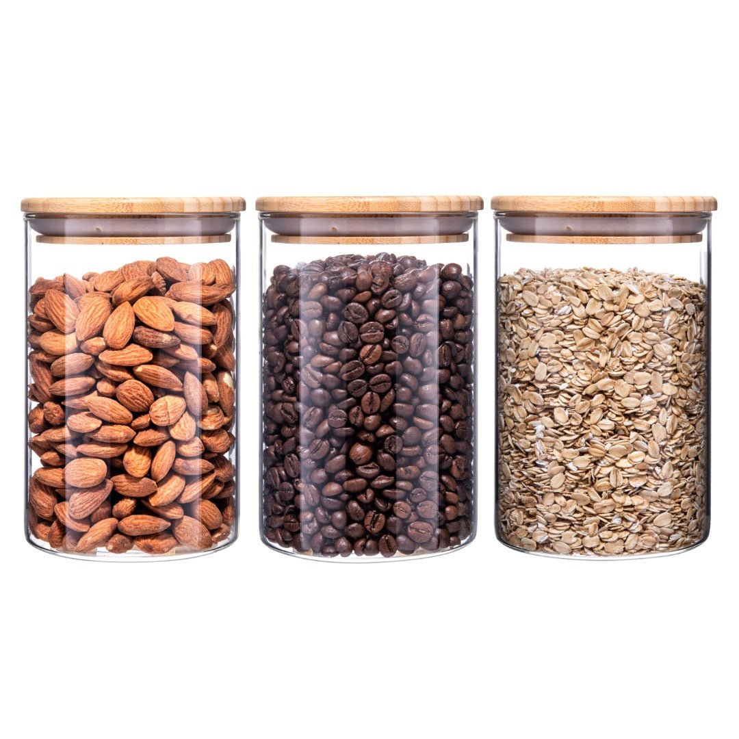 Set of three Igluu Meal Prep glass food storage jars with bamboo lids, each 900 ml capacity, for fresh food storage.