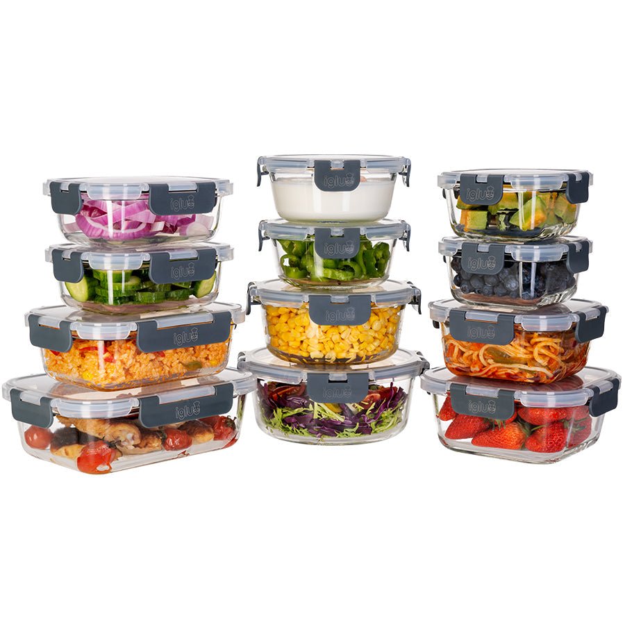Set of 12 Igluu Meal Prep glass food storage containers with airtight lids in assorted sizes, ideal for meal prep and food organization.