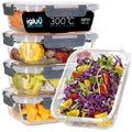Set of five Igluu Meal Prep glass food storage containers with airtight lids, 1050ml capacity for meal prep and food storage.