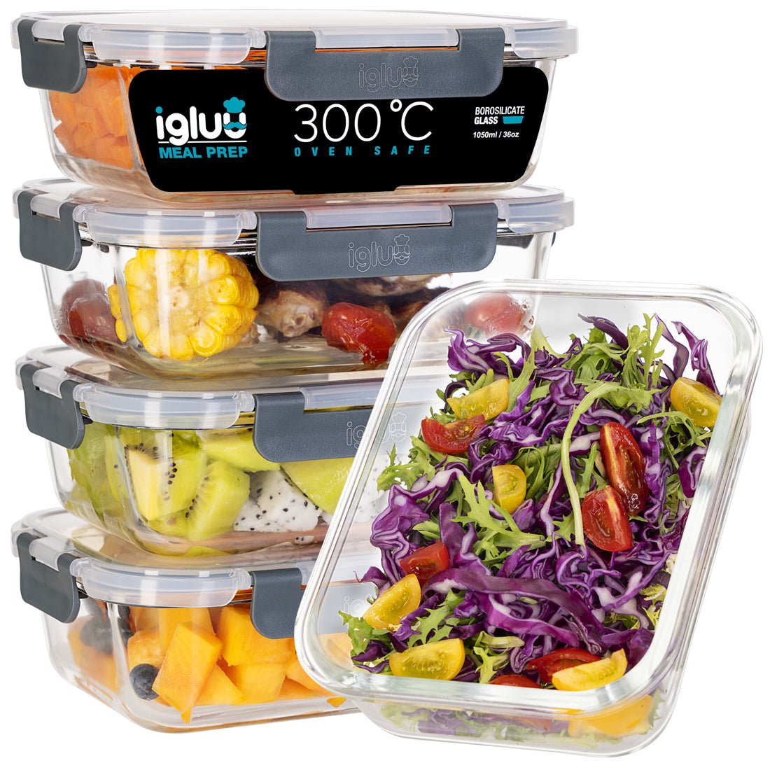 Set of five Igluu Meal Prep glass food storage containers with airtight lids, 1050ml capacity for meal prep and food storage.