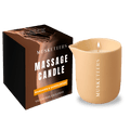 Scented massage candle by Musketeers with mandarin and sandalwood aroma, showing a warm, lit candle with a smooth wax surface.