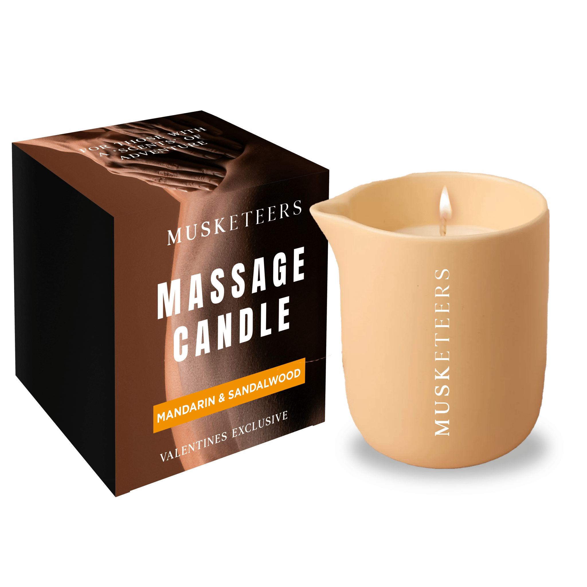 Scented massage candle by Musketeers with mandarin and sandalwood aroma, showing a warm, lit candle with a smooth wax surface.
