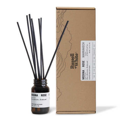 Russell + White Medina Rose 100ml reed diffuser with glass bottle and reeds, elegant floral scent for home fragrance.