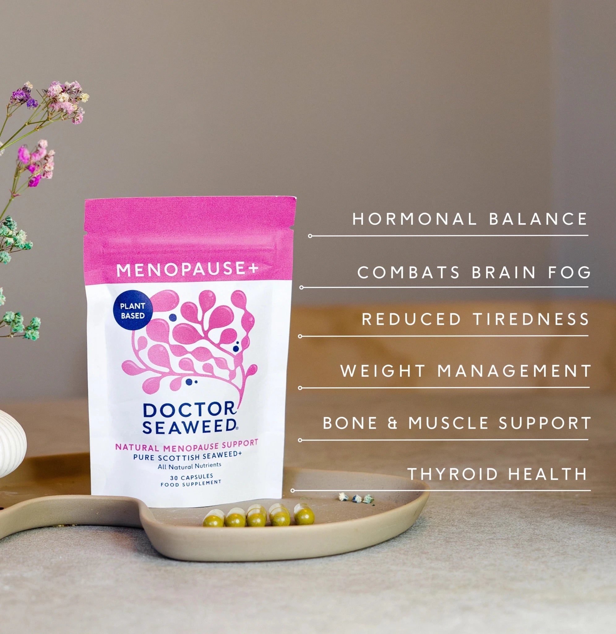 Infographic showing benefits of Menopause+ vitamins and supplements by Doctor Seaweed for managing menopause symptoms.