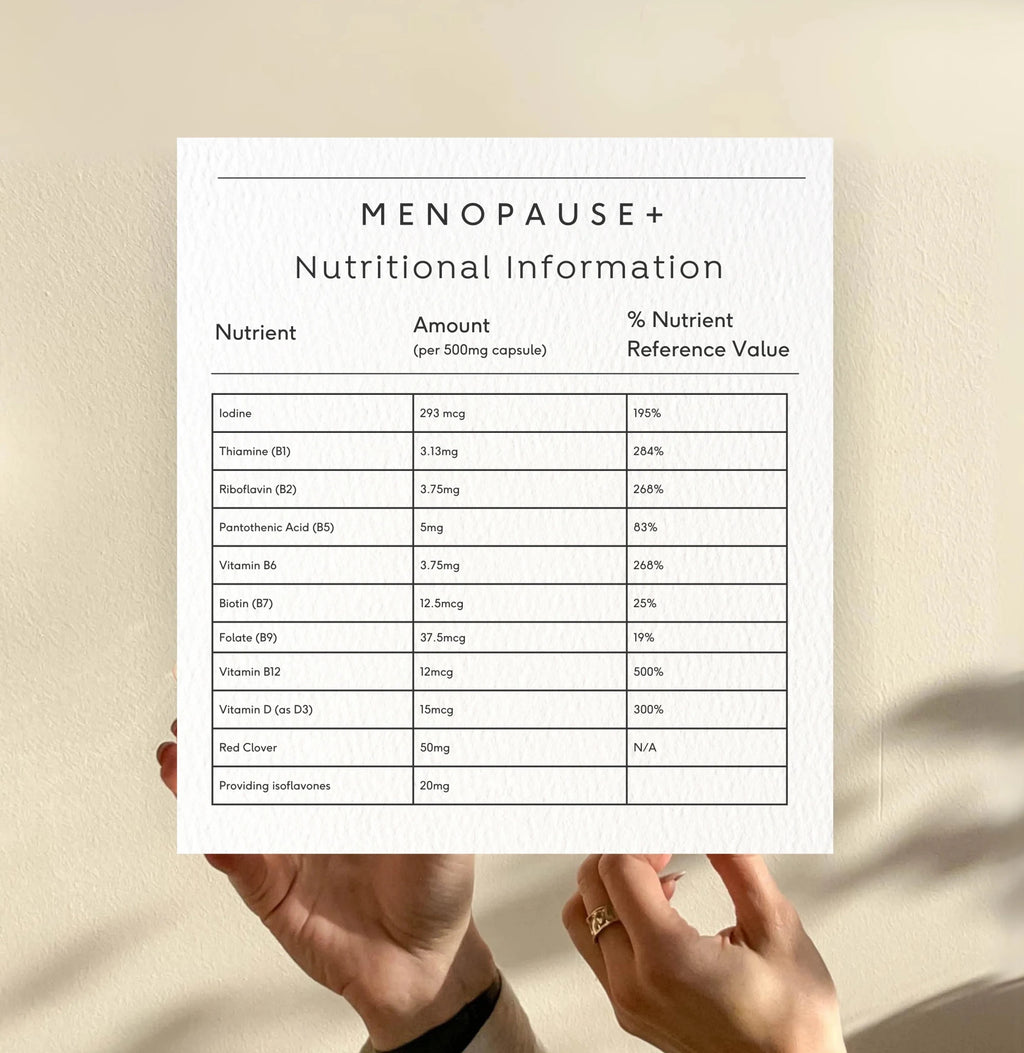 Bottle of Doctor Seaweed Menopause+ vitamins and supplements, showing the label and nutritional information.