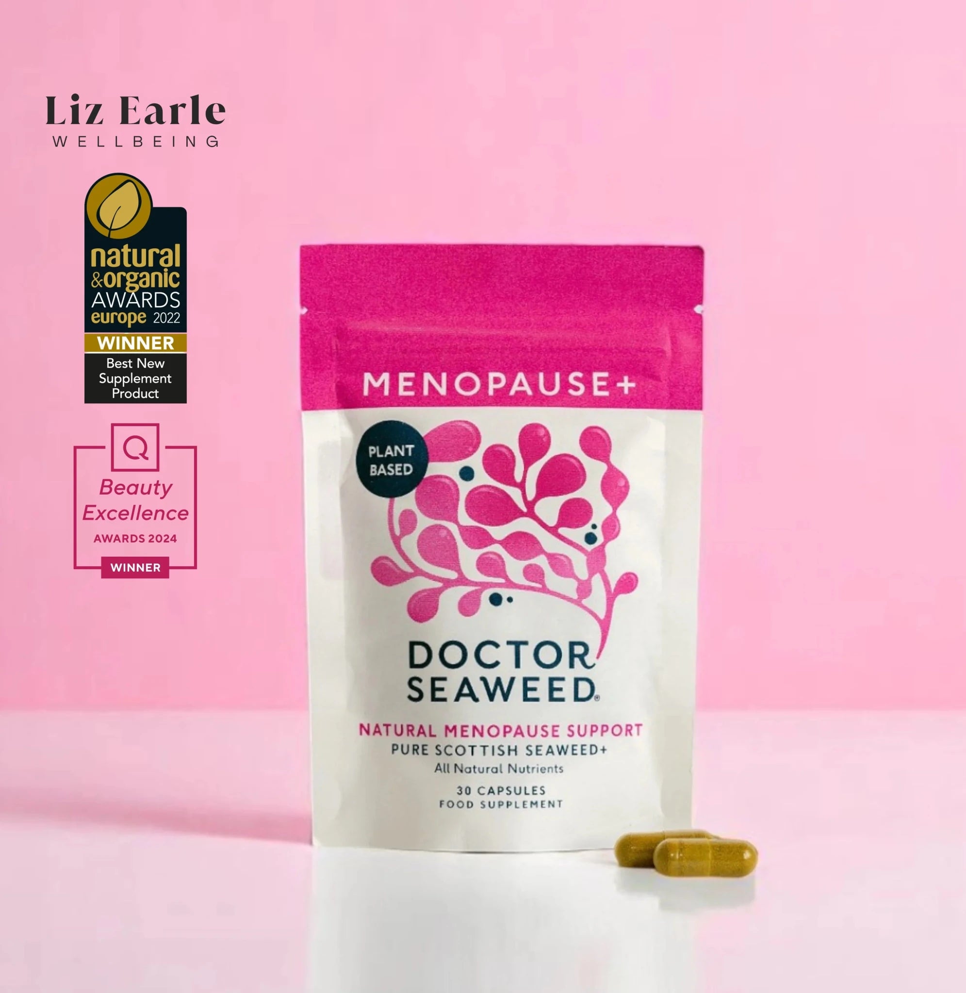 Pink pouch of Doctor Seaweed Menopause+ vitamins and supplements, designed to support women’s menopause health.