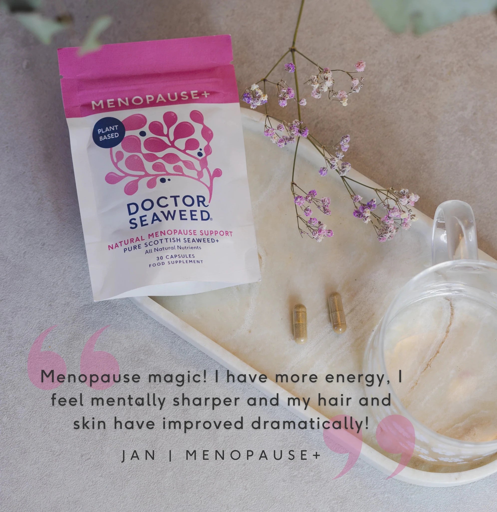 Doctor Seaweed Menopause+ vitamins and supplements box with testimonial card, promoting hormonal health support for women.