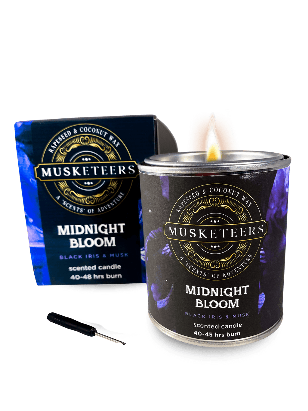 Black iris and musk scented candle from Musketeers with a sleek midnight bloom design for a calming ambiance.
