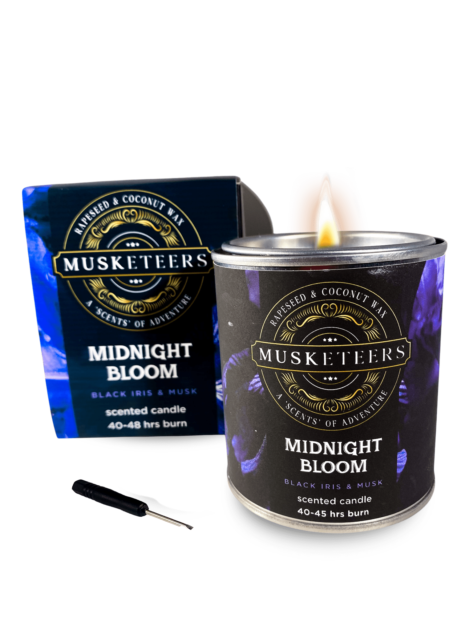 Black iris and musk scented candle from Musketeers with a sleek midnight bloom design for a calming ambiance.