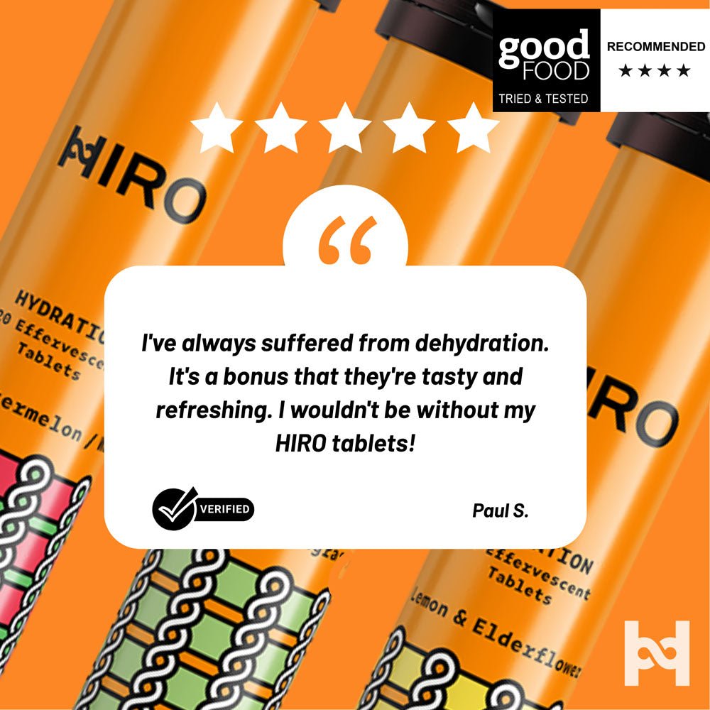 HIRO Hydration Lemon & Elderflower Triple Pack featuring colorful bottles with lemon slices and elderflower blossoms.