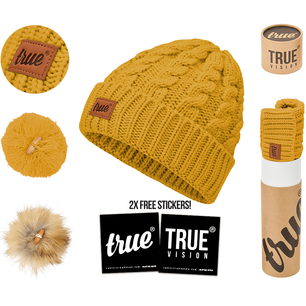 Mustard yellow bobble beanie hat by truevisionbrand with a cozy knit design and a playful pom-pom on top.