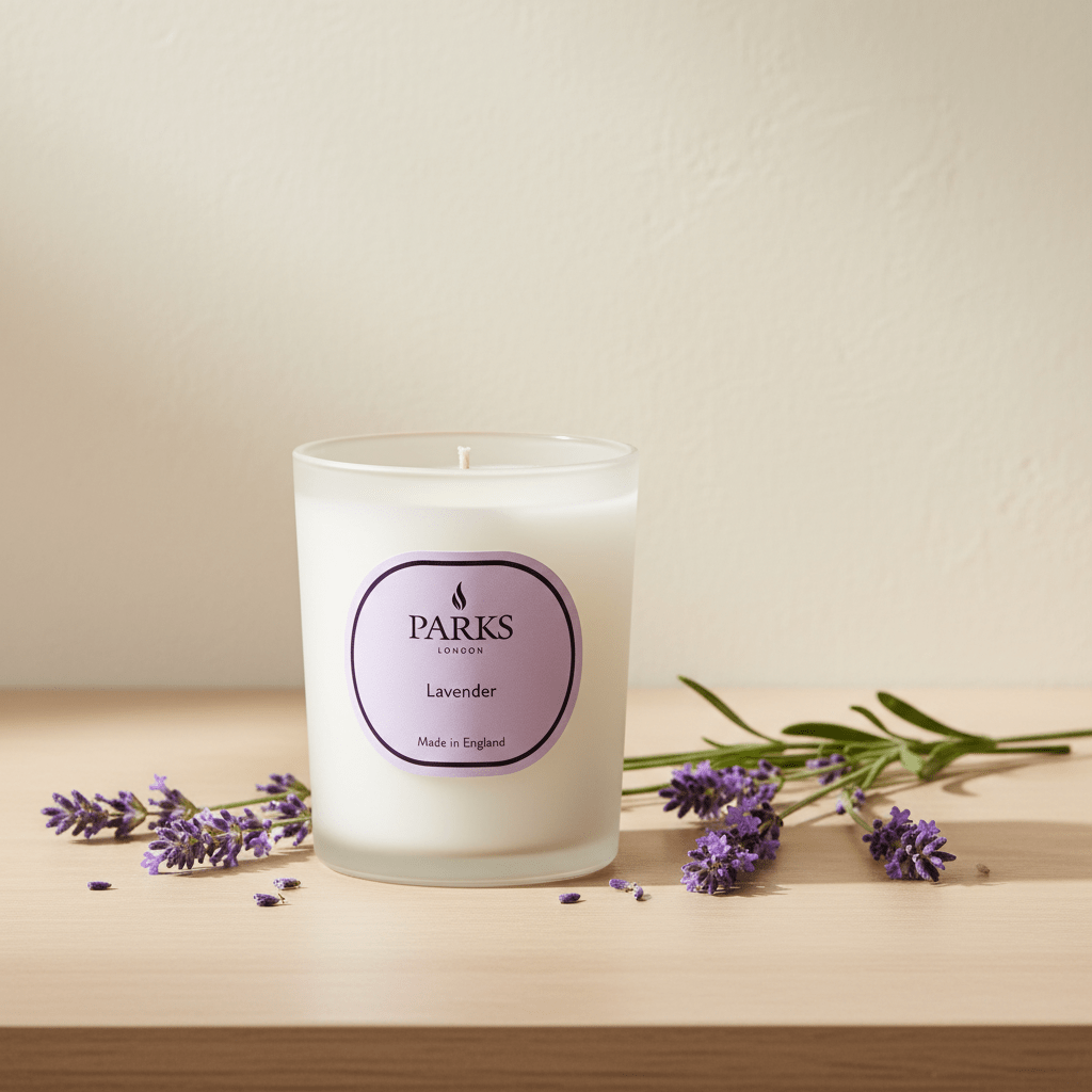 Lavender candle by Parks Candles in a 180g container, with a soft purple wax and a burning wick, emitting a calming lavender scent.