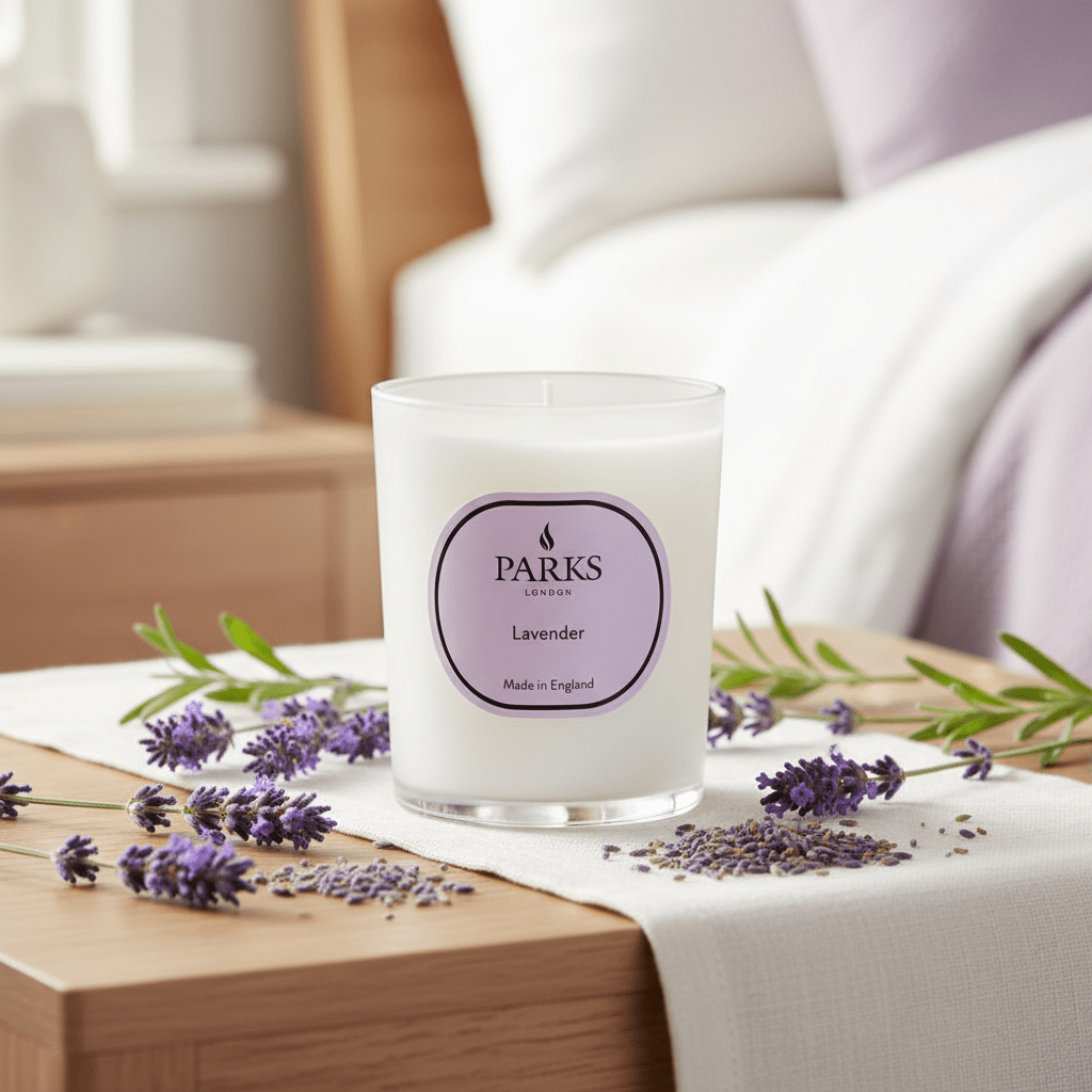 Lavender scented candle by Parks Candles, 180g, with a white wax finish and a lit wick, ideal for relaxing ambiance.