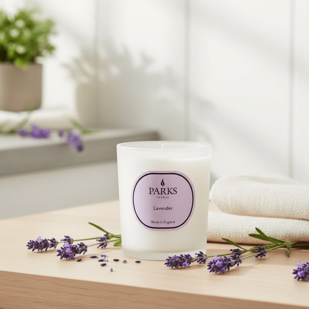 Parks Candles lavender scented candle in a 180g glass container with a lit wick and lavender sprigs around it.