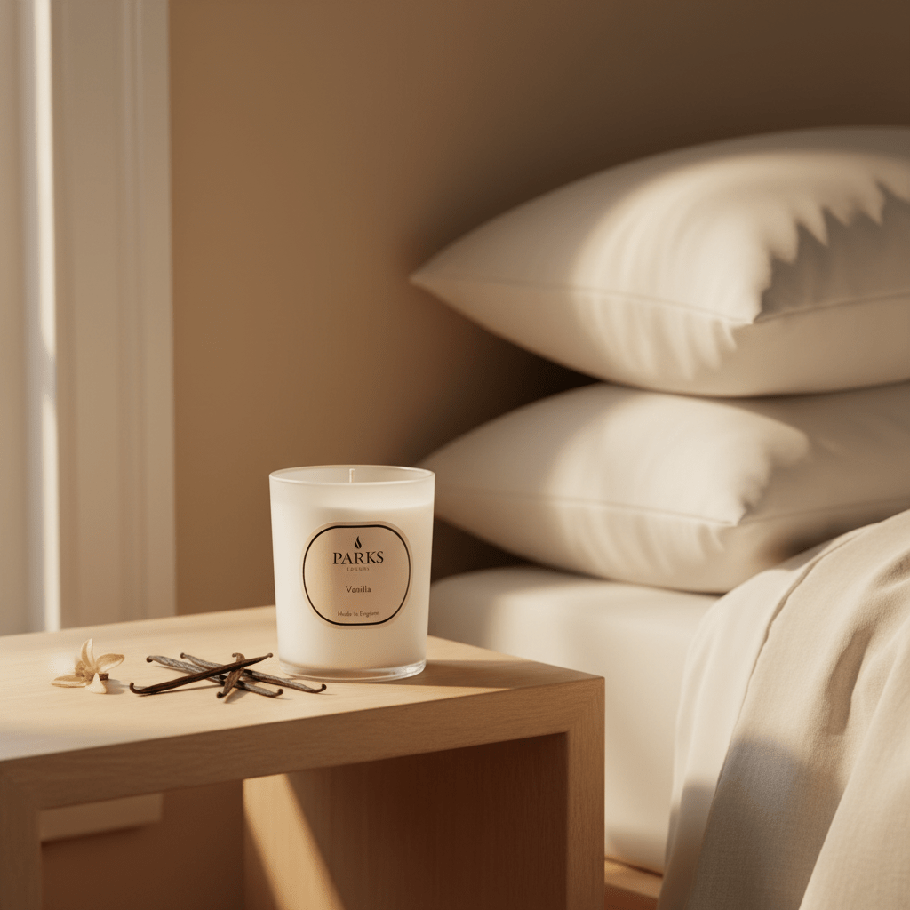 Parks Candles vanilla scented candle in a 180g glass jar, featuring a white wax and a lit wick for cozy ambiance.