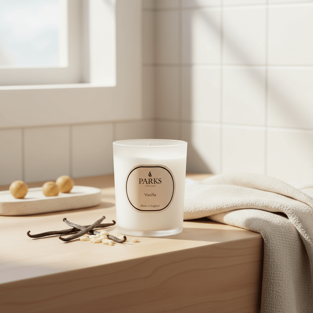 Vanilla candle in a 180g container from Parks Candles, featuring a white wax surface and a simple, elegant design.
