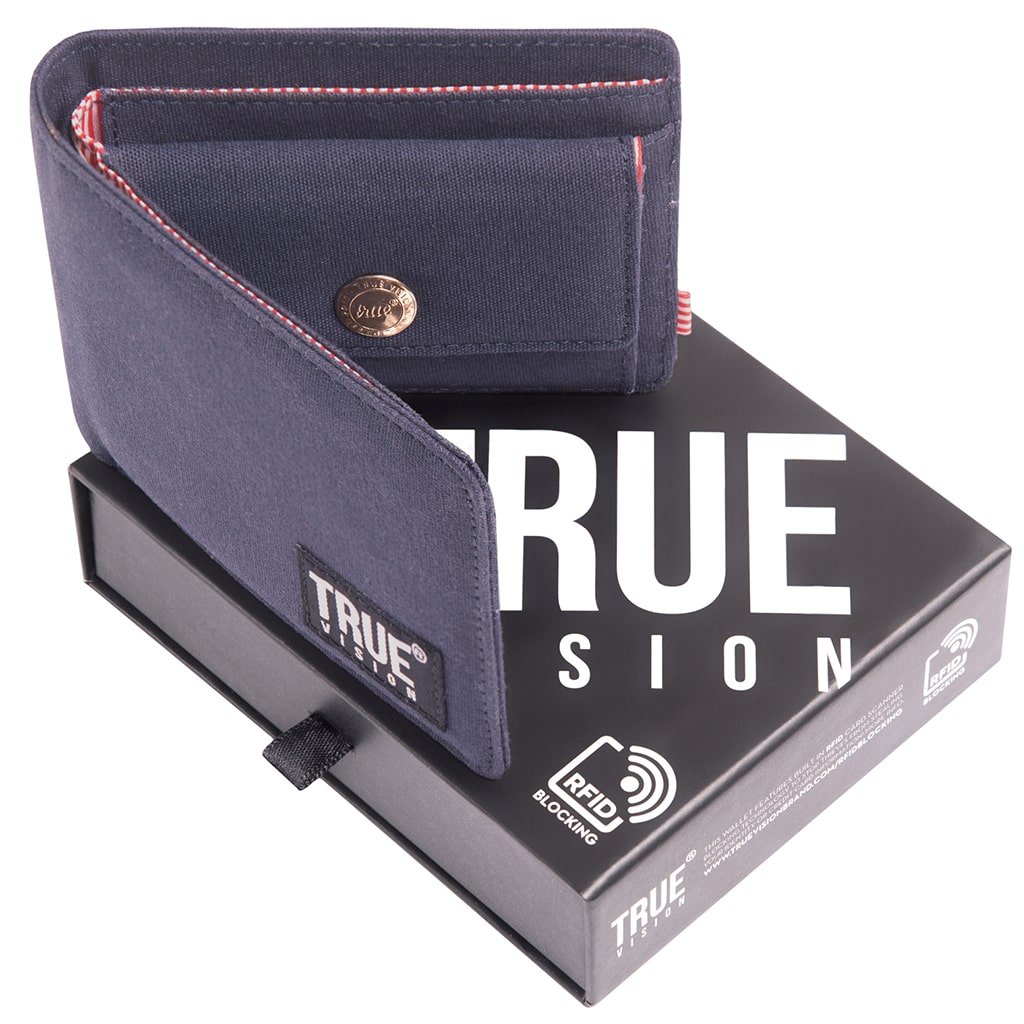 Navy blue bi-fold wallet from truevisionbrand with multiple card slots and a sleek leather design.