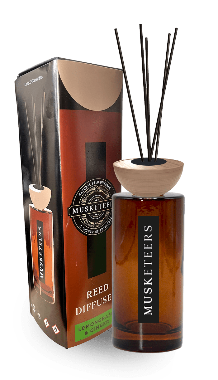 Musketeers Lemongrass & Ginger reed diffuser with a sleek glass bottle and natural reeds, fresh luxury home fragrance in the UK