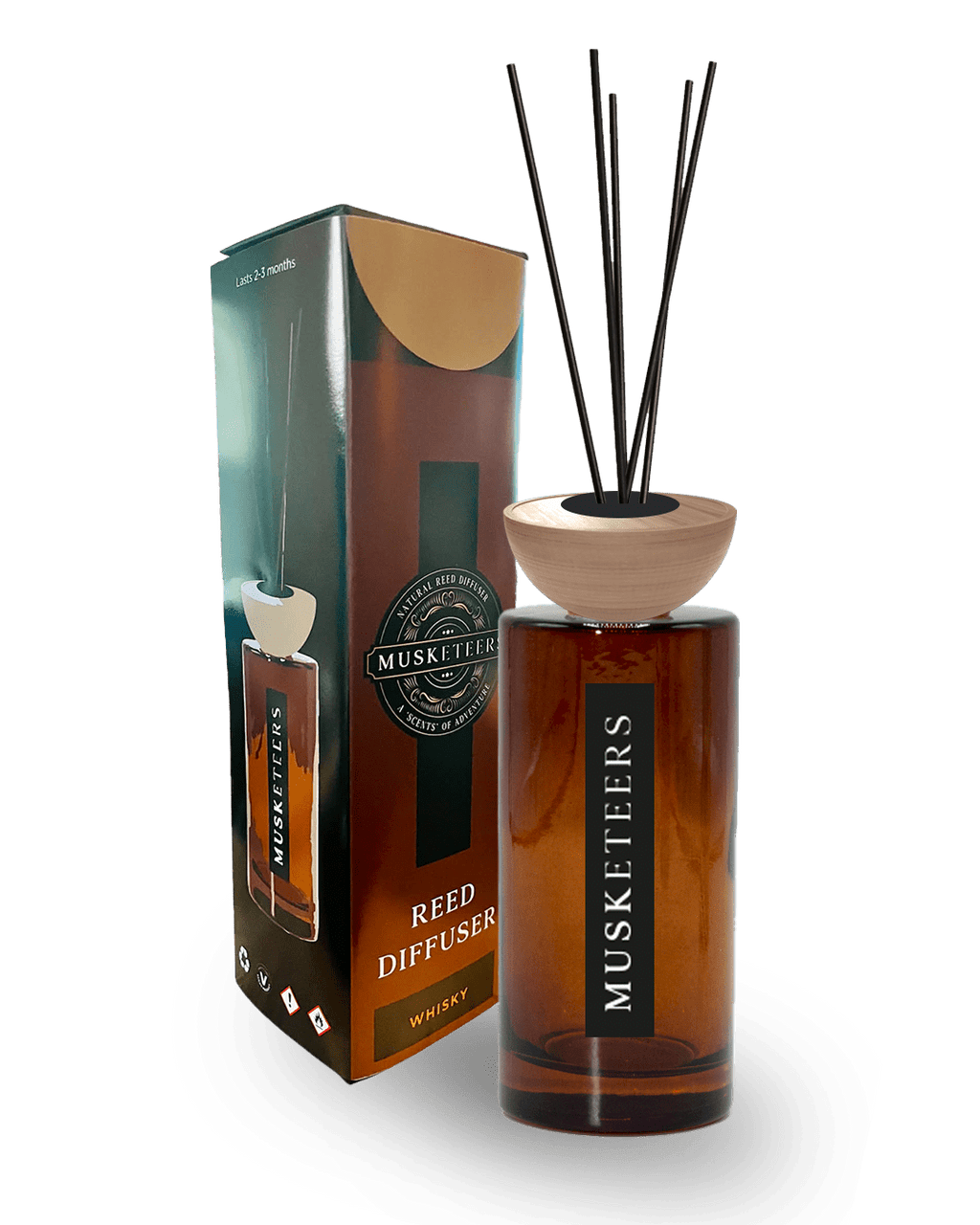 Musketeers Ocean Reed Diffuser with a sleek glass bottle and natural reeds, designed to add fresh coastal fragrance to home interiors.