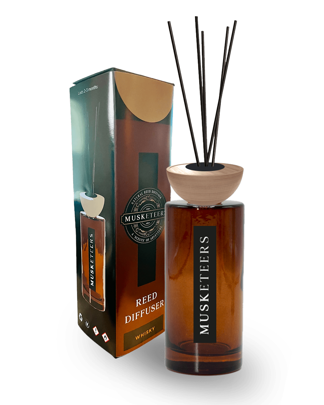 Musketeers Ocean Reed Diffuser with a sleek glass bottle and natural reeds, designed to add fresh coastal fragrance to home interiors.
