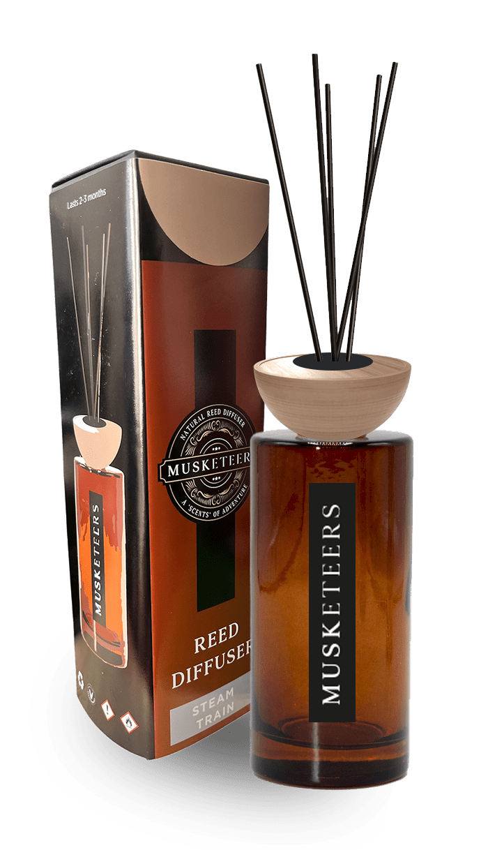 Musketeers Tobacco & Oak reed diffuser with dark, masculine design, showcasing the elegant glass bottle and reed sticks for home fragrance.