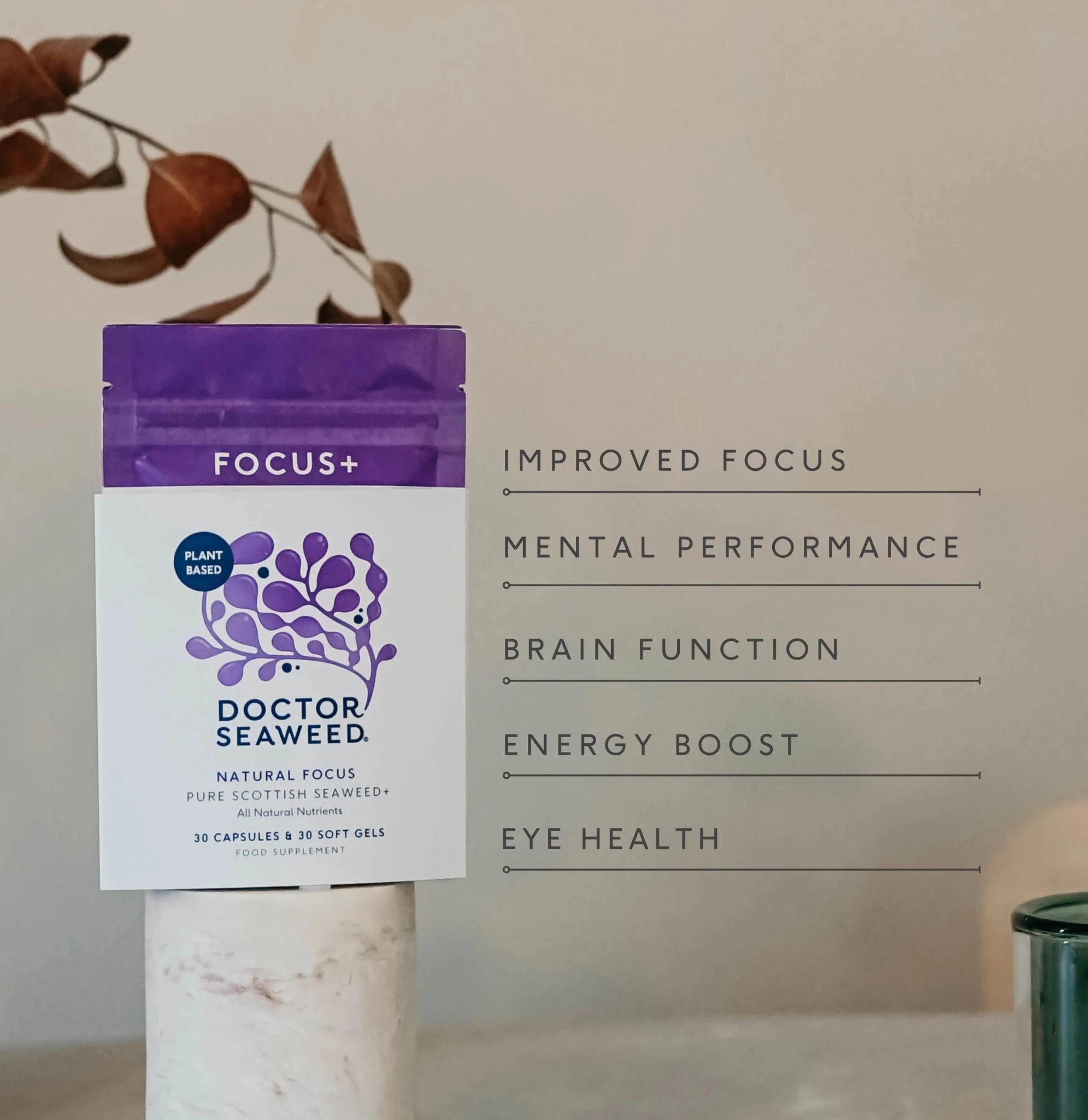 Doctor Seaweed Focus+ supplement bottle with label, showcasing natural ingredients and focus-enhancing benefits.