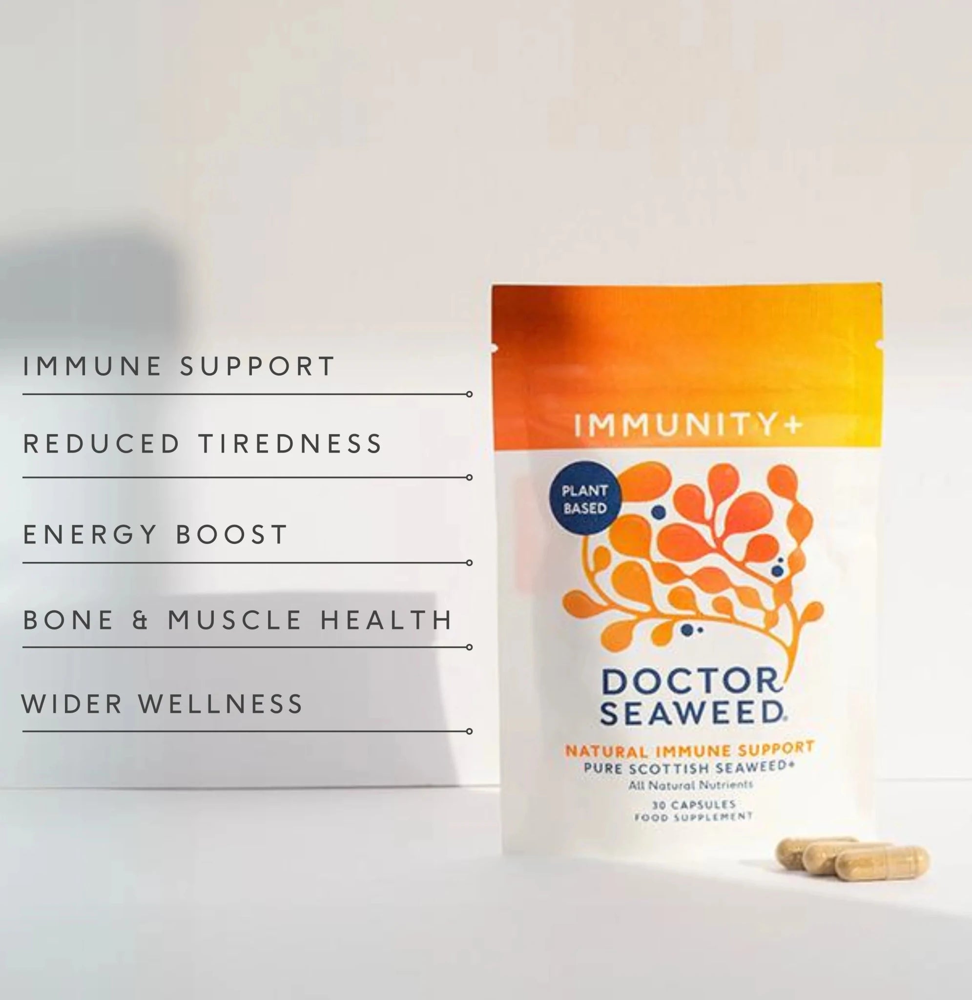 Doctor Seaweed Immunity+ supplement bottle with label showing immunity support ingredients and health benefits.