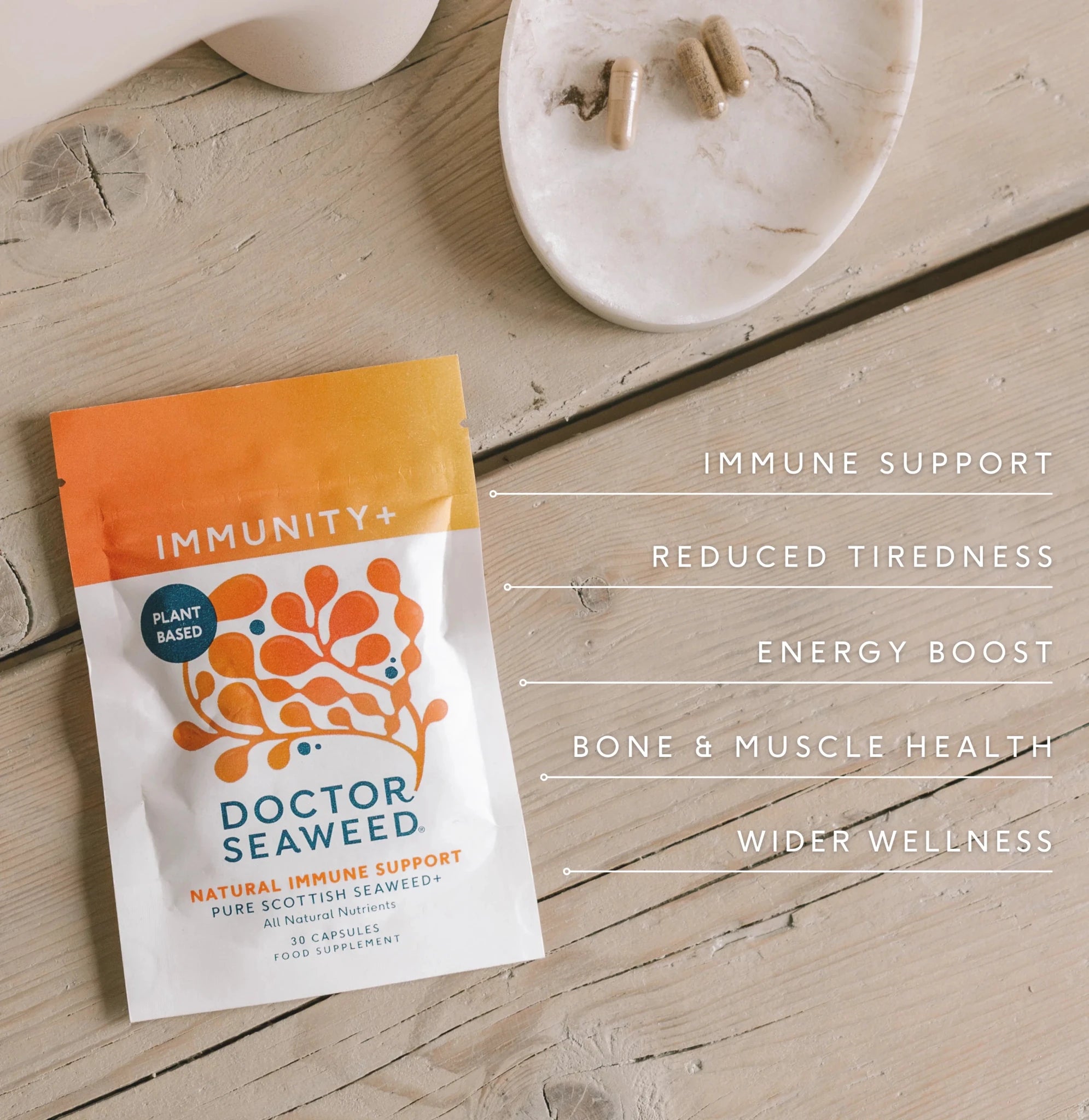 Doctor Seaweed Clarity & Defence Duo, featuring supplement bottles with natural ingredients for immune support and mental clarity.