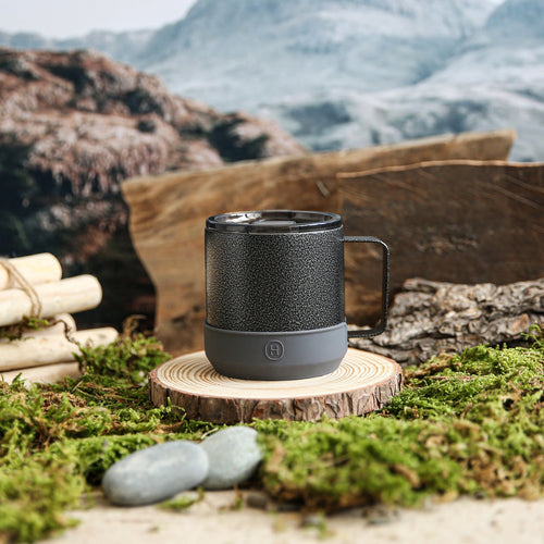 Black HYDY camp mug in metallic grey, 10 oz capacity, featuring a sturdy handle and durable outdoor-ready design.