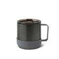 Black HYDY camp mug in metallic grey, 10 oz size, with a sturdy handle and durable metal finish for outdoor use.