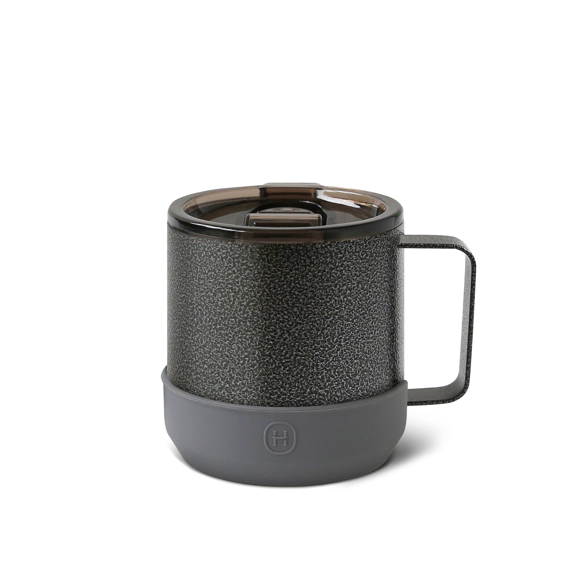 Black HYDY camp mug in metallic grey, 10 oz size, with a sturdy handle and durable metal finish for outdoor use.