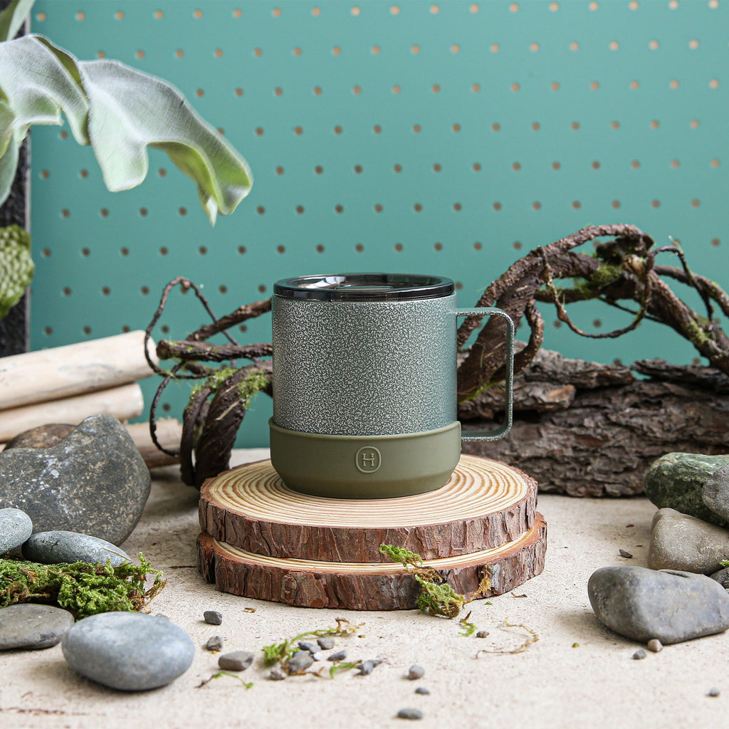 Army green HYDY 10 oz camp mug with sturdy handle and classic design, perfect for outdoor camping and travel.