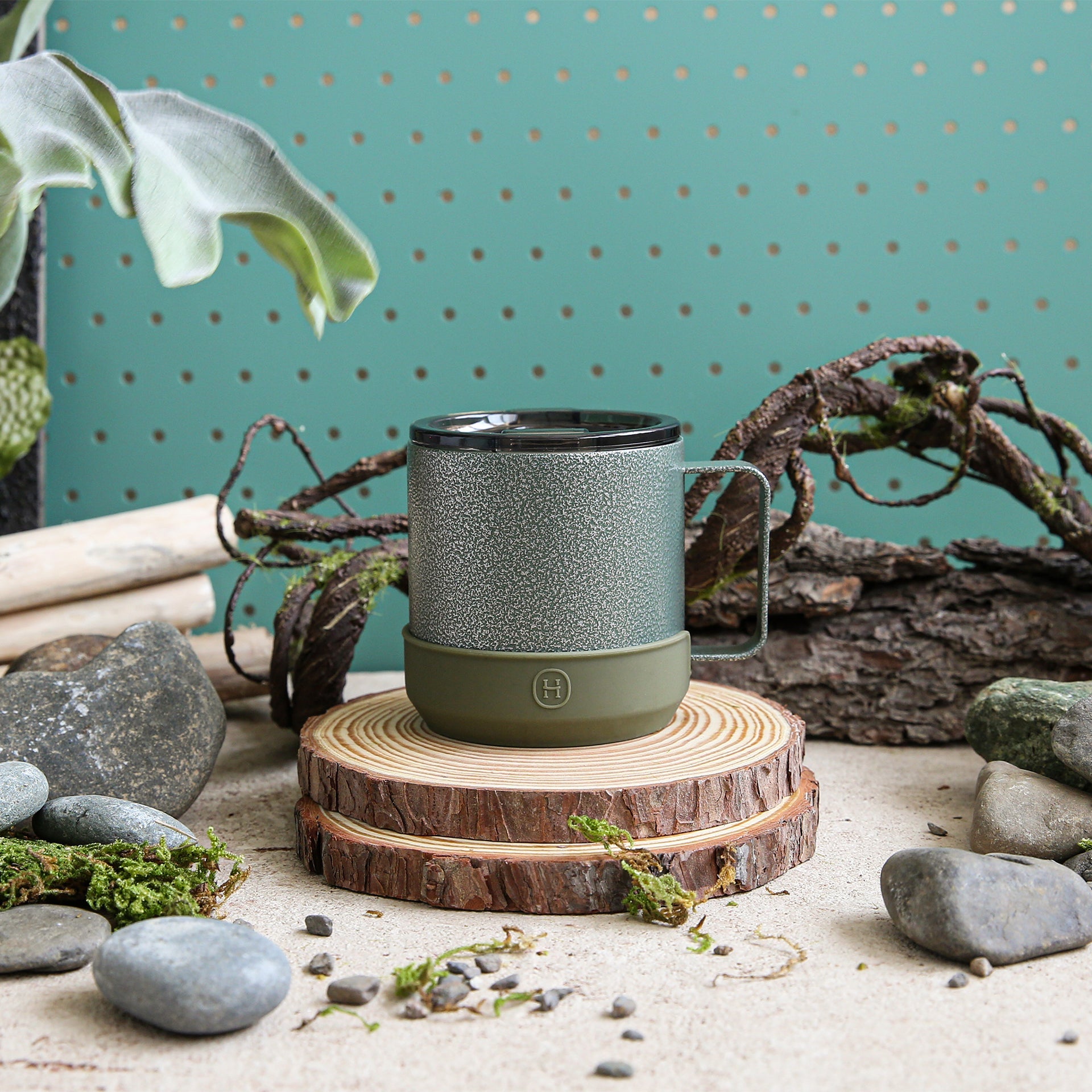 Army green HYDY 10 oz camp mug with sturdy handle and classic design, perfect for outdoor camping and travel.