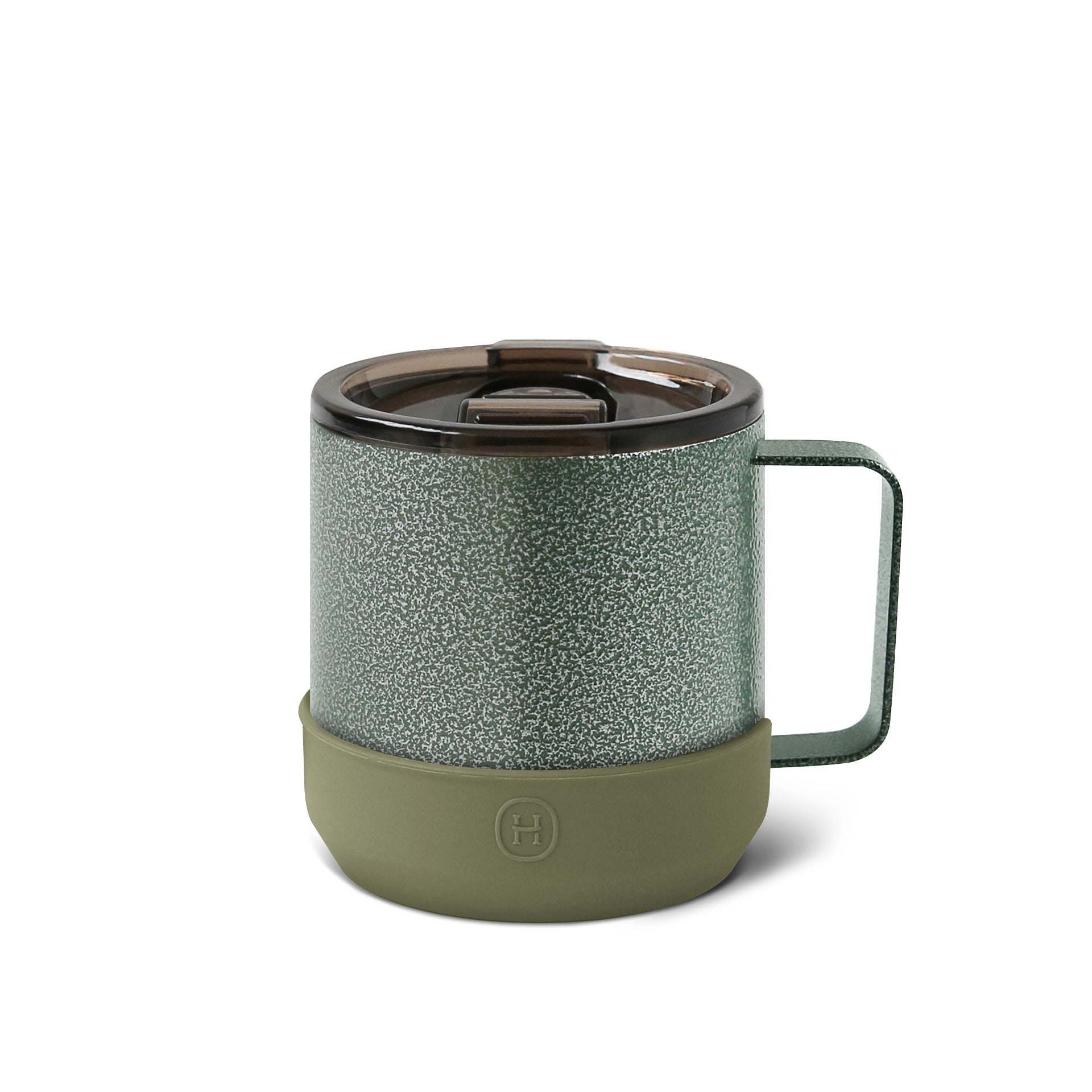Army green HYDY 10 oz camp mug with a sturdy handle and classic design, ideal for outdoor drinking and camping adventures.