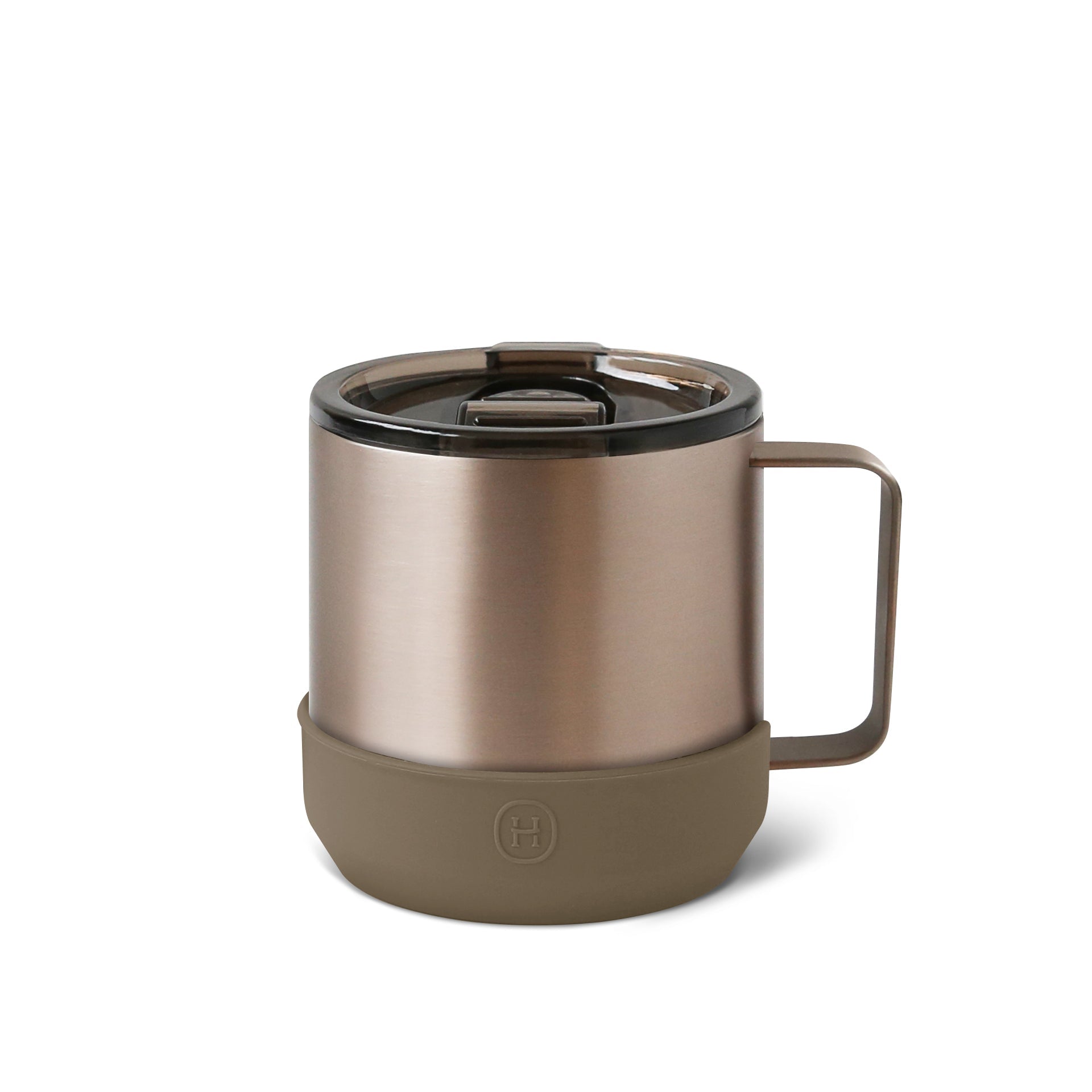 HYDY metallic fir camp mug with a 10 oz capacity, featuring a shiny finish and sturdy handle, ideal for outdoor camping.