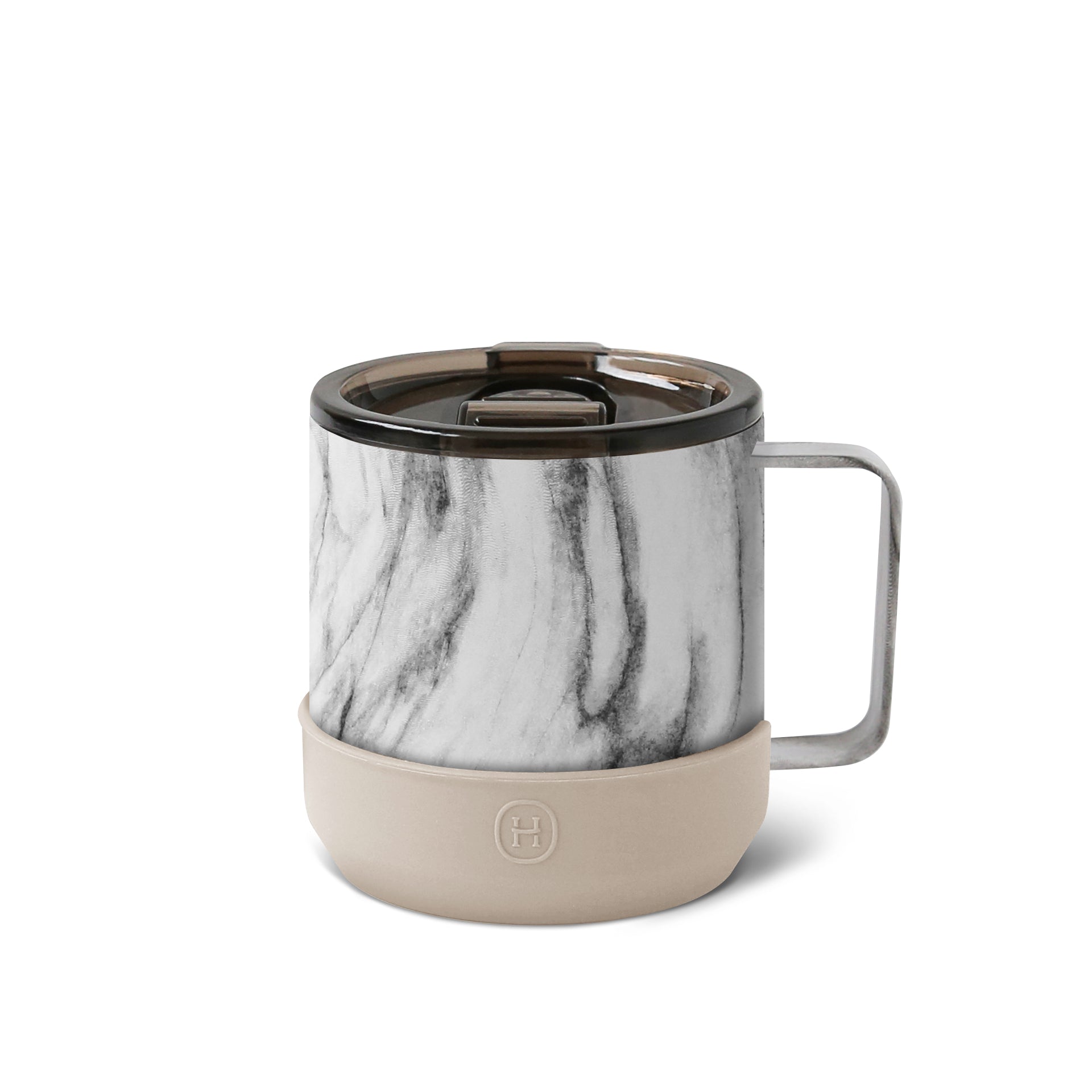 White marble Eucalyptus camp mug by HYDY, 10 oz, with a sturdy handle and smooth finish, ideal for outdoor and camping use.