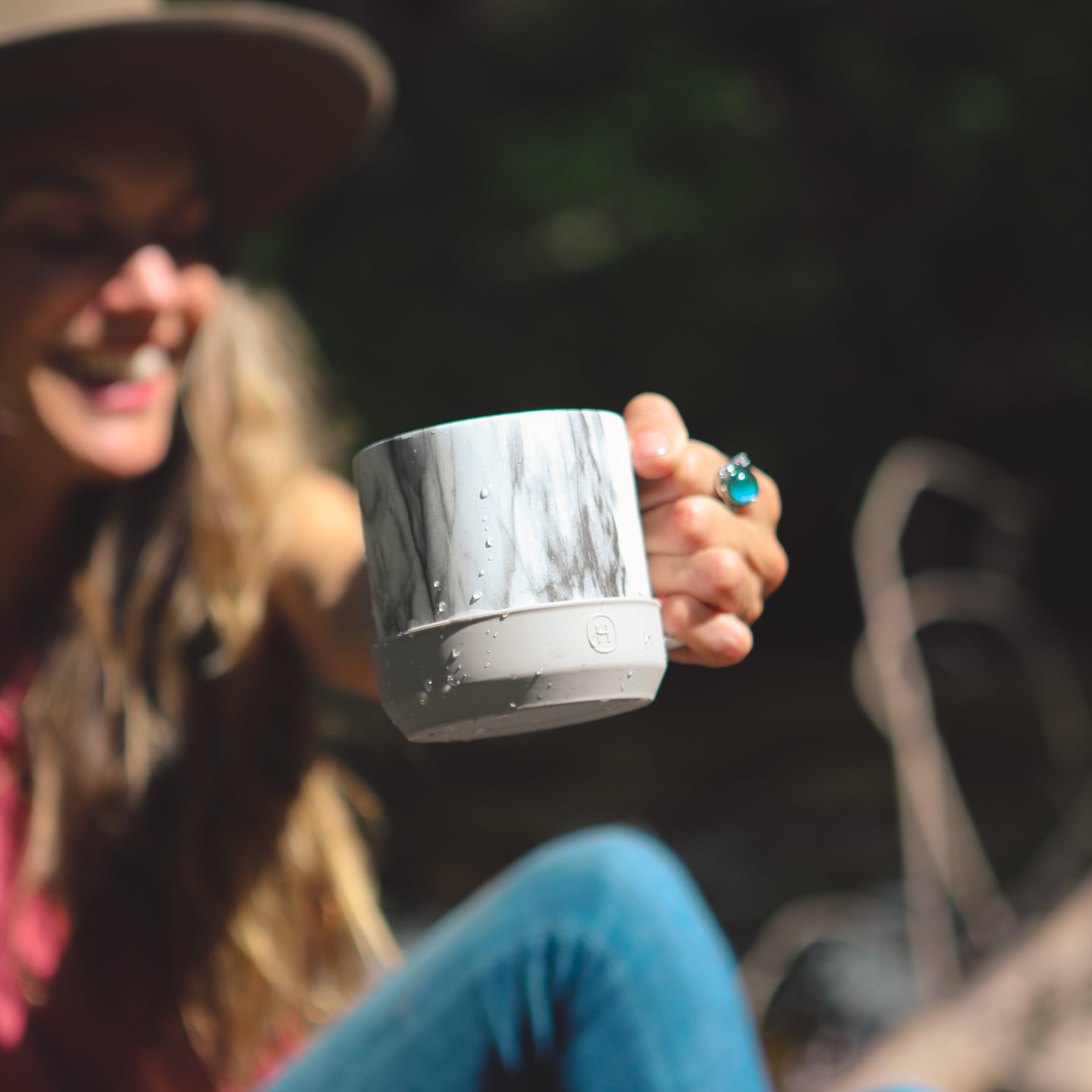 White marble Eucalyptus HYDY camp mug with 10 oz capacity showing smooth finish and sturdy handle.