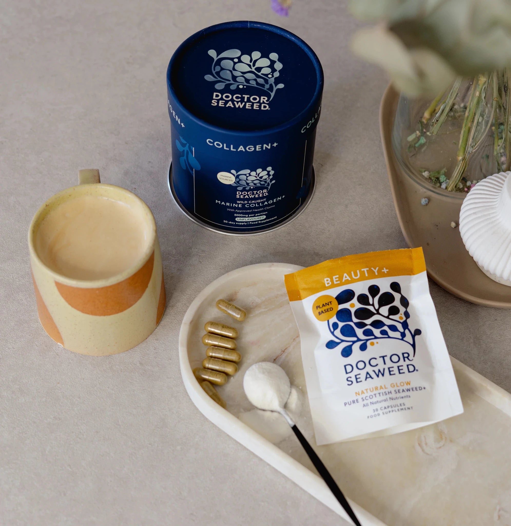 Doctor Seaweed Ocean Glow Duo skincare set displayed on a lifestyle background, featuring soothing ocean-inspired packaging.