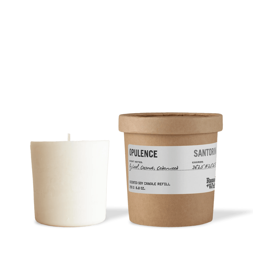 Russell + White Opulence scented soy candle refill, 250g, with a luxurious wax and elegant packaging.