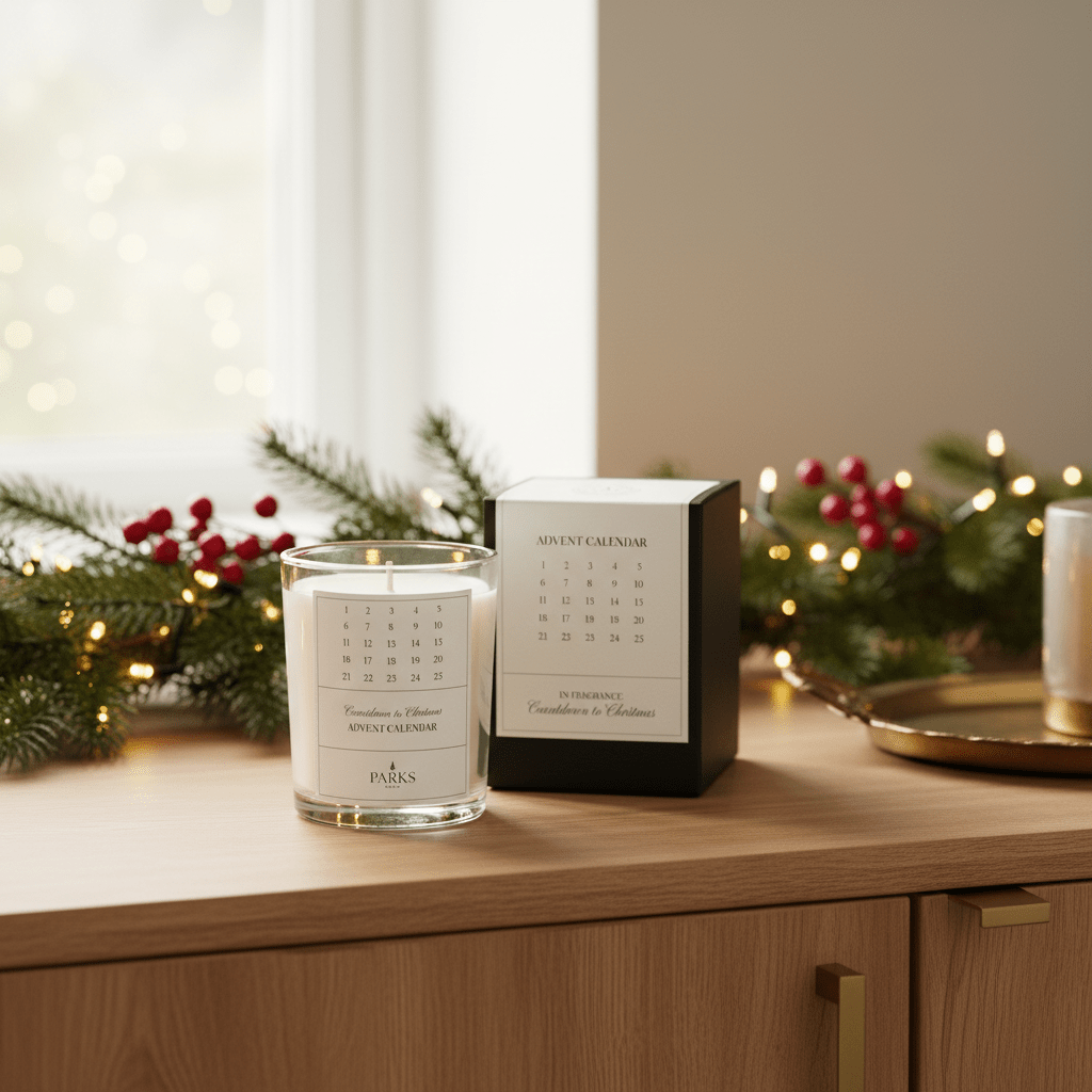 Parks Candles Advent Calendar Candle 220g with festive design, showing a decorative candle for holiday countdown.