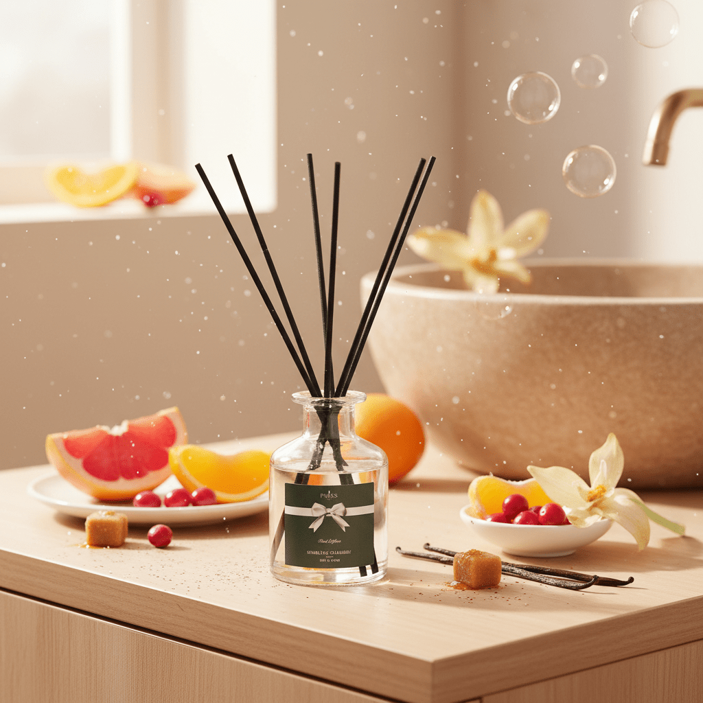 Parks Candles Perfect Presents Sparkling Cranberries 100ml diffuser with glass bottle and reed sticks for home fragrance.